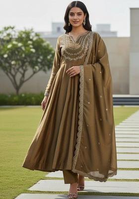Olive Embroidered Silk Kurta Set