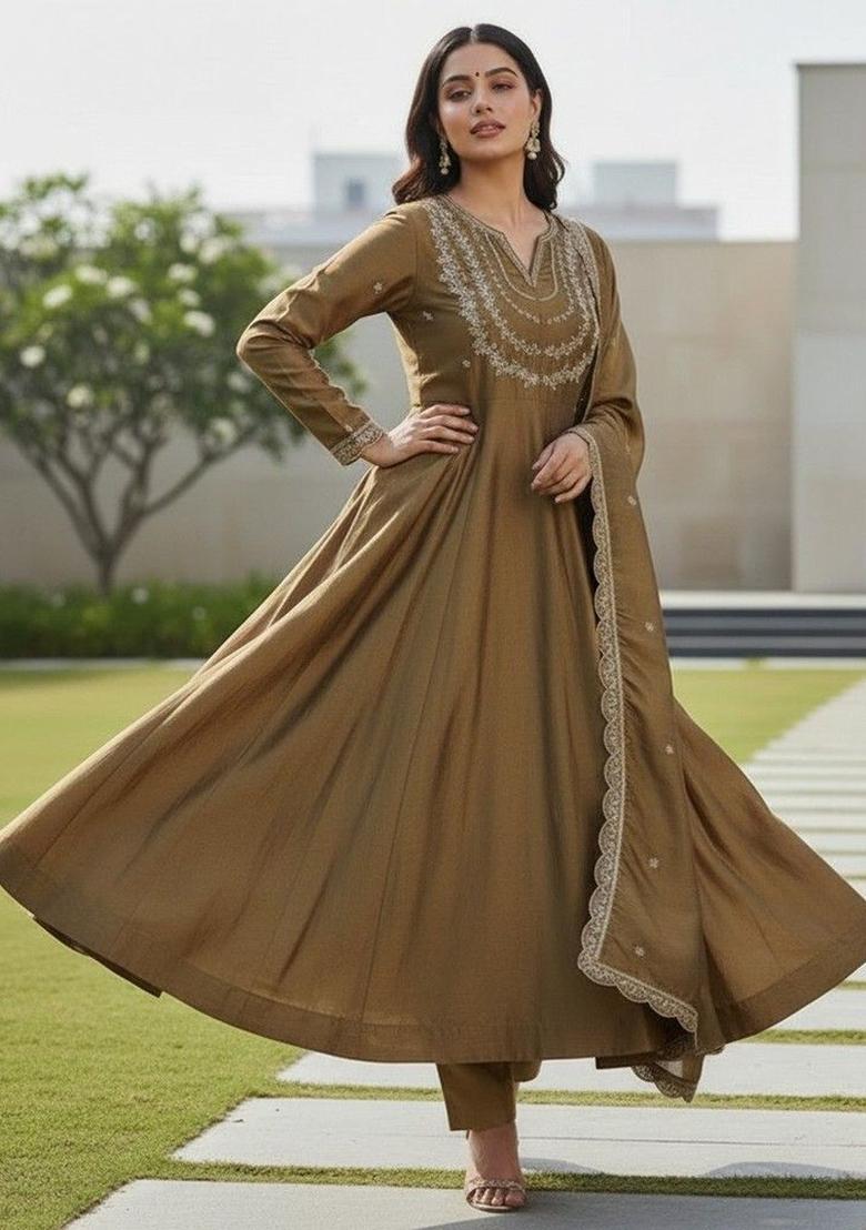 Olive Embroidered Silk Kurta Set - Indya