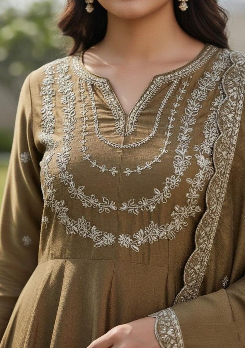 Olive Embroidered Silk Kurta Set - Indya
