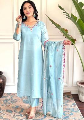 Blue Embroidered Silk Kurta Set