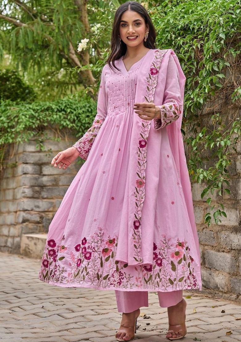 Pink Embroidered Silk Kurta Set - Indya