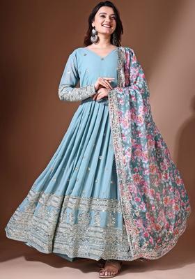 Blue Embroidered Georgette Kurta Set