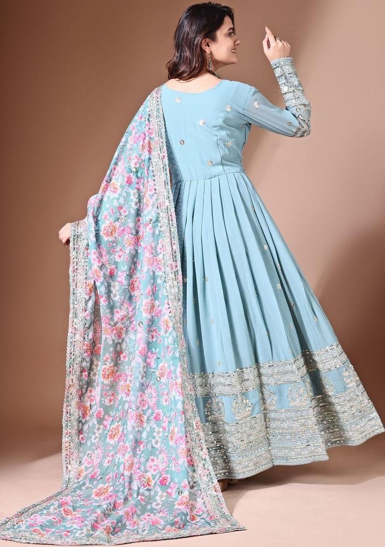Blue Embroidered Georgette Kurta Set - Indya
