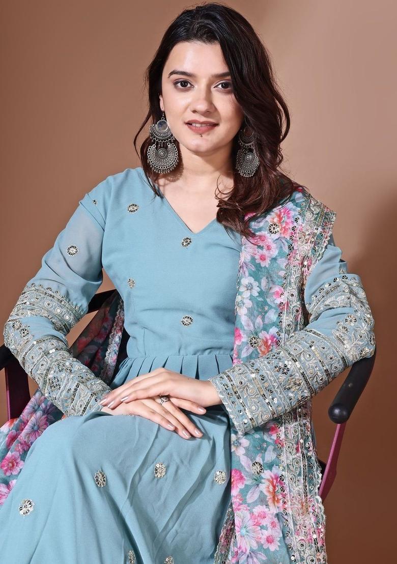 Blue Embroidered Georgette Kurta Set - Indya