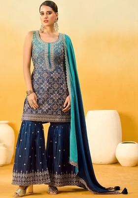 Blue Woven Design Chiffon Kurta Set