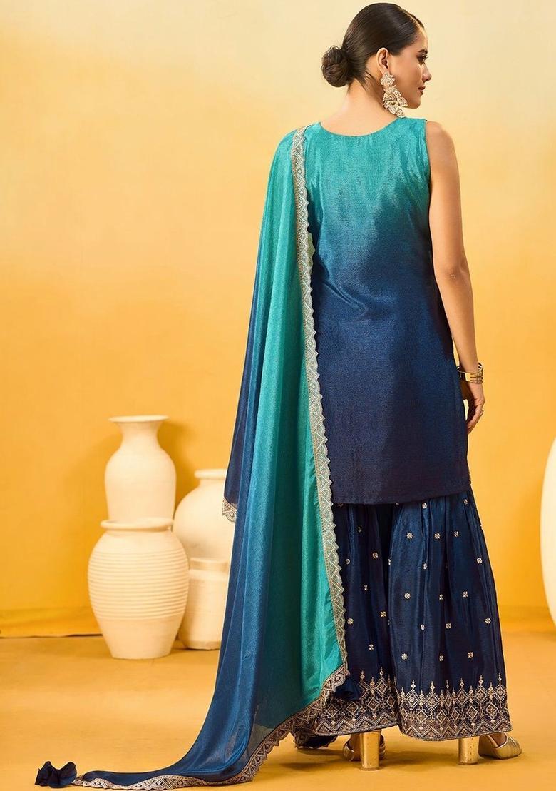 Blue Woven Design Chiffon Kurta Set - Indya