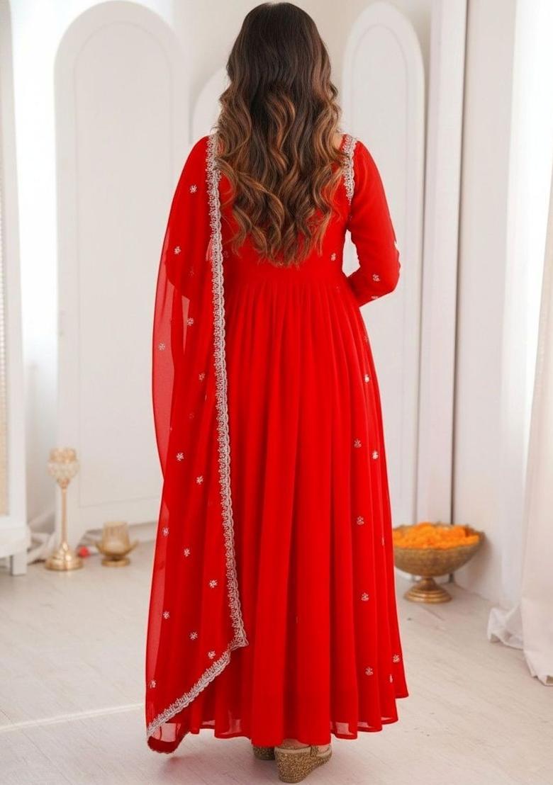 Red Embroidered Georgette Kurta Set - Indya