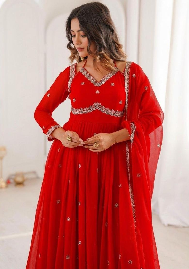 Red Embroidered Georgette Kurta Set - Indya