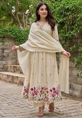 Cream Embroidered Cotton Kurta Set