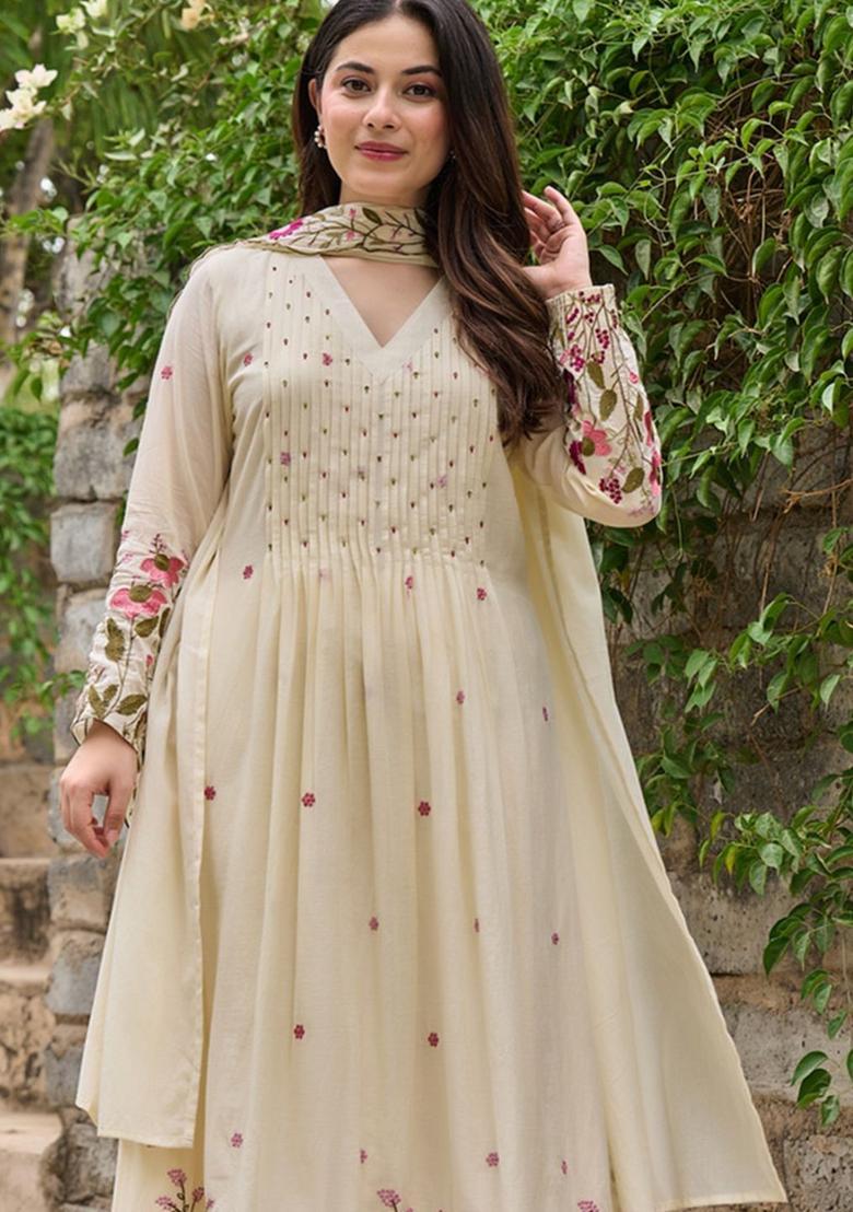 Cream Embroidered Cotton Kurta Set - Indya