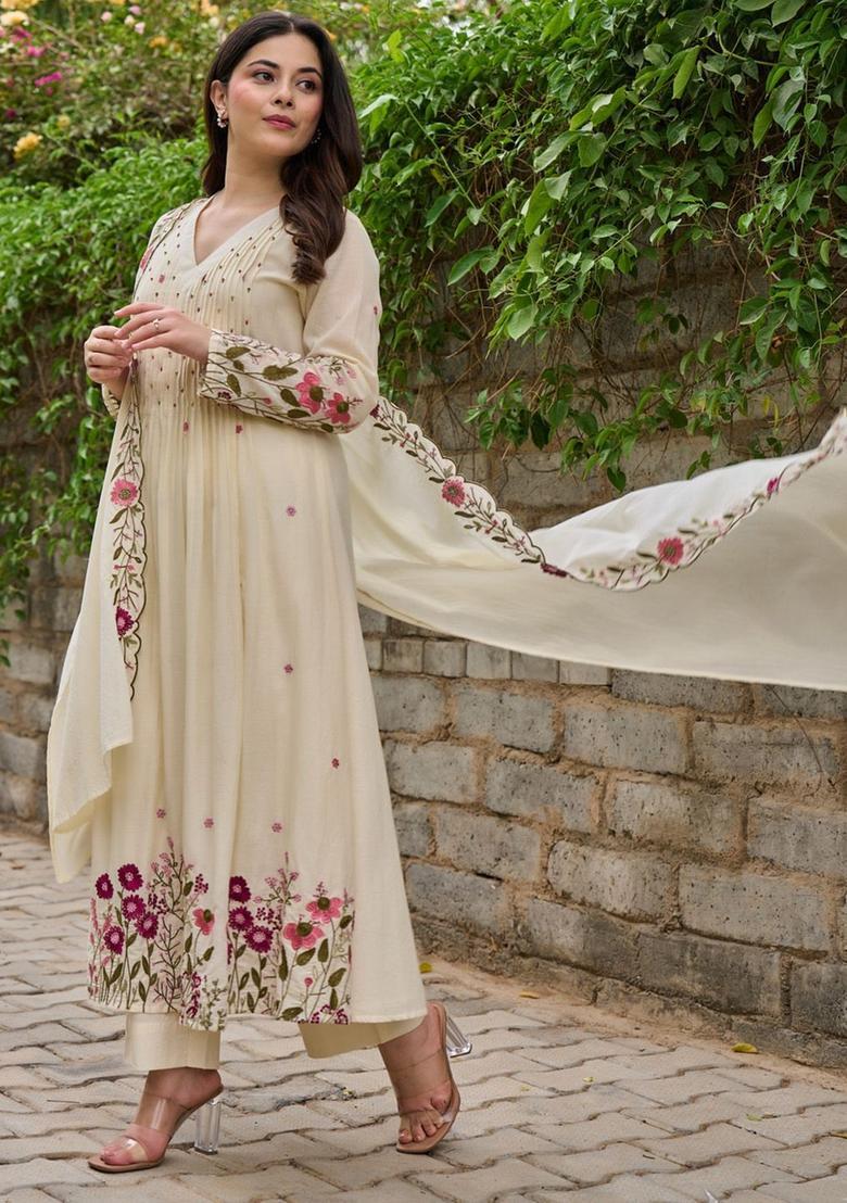 Cream Embroidered Cotton Kurta Set - Indya