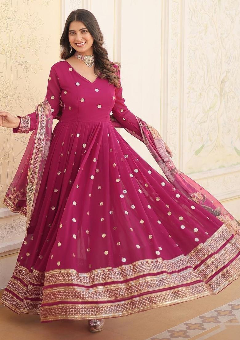 Magenta Dyed Georgette Kurta Set - Indya