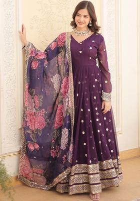 Purple Printed Georgette Kurta Set