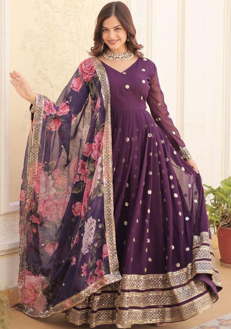 Purple Printed Georgette Kurta Set - Indya