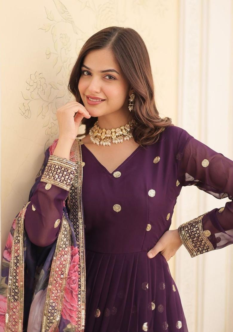 Purple Printed Georgette Kurta Set - Indya