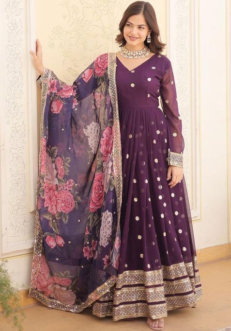 Purple Printed Georgette Kurta Set — view on Indya