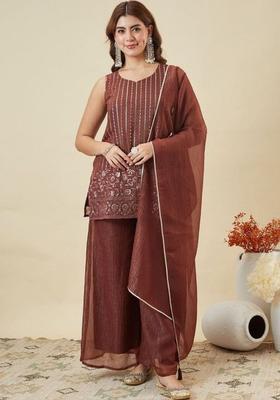 Brown Embroidered Silk Kurta Set