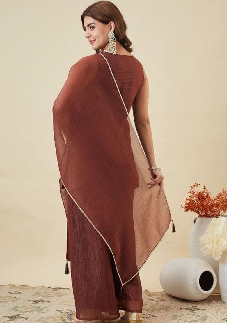 Brown Embroidered Silk Kurta Set - Indya