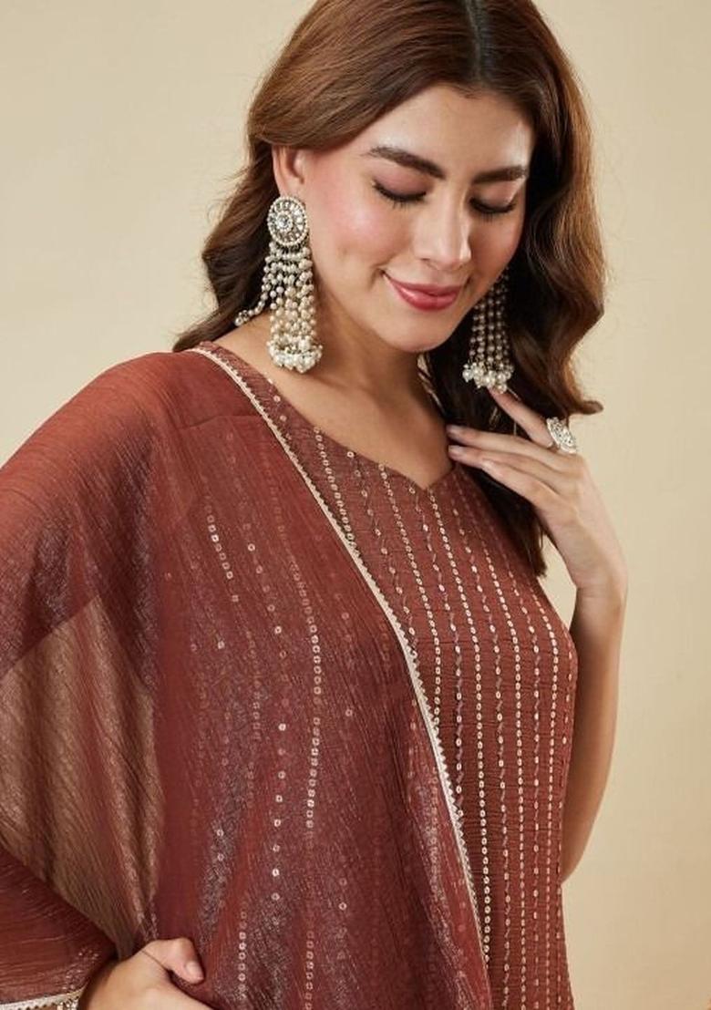 Brown Embroidered Silk Kurta Set - Indya