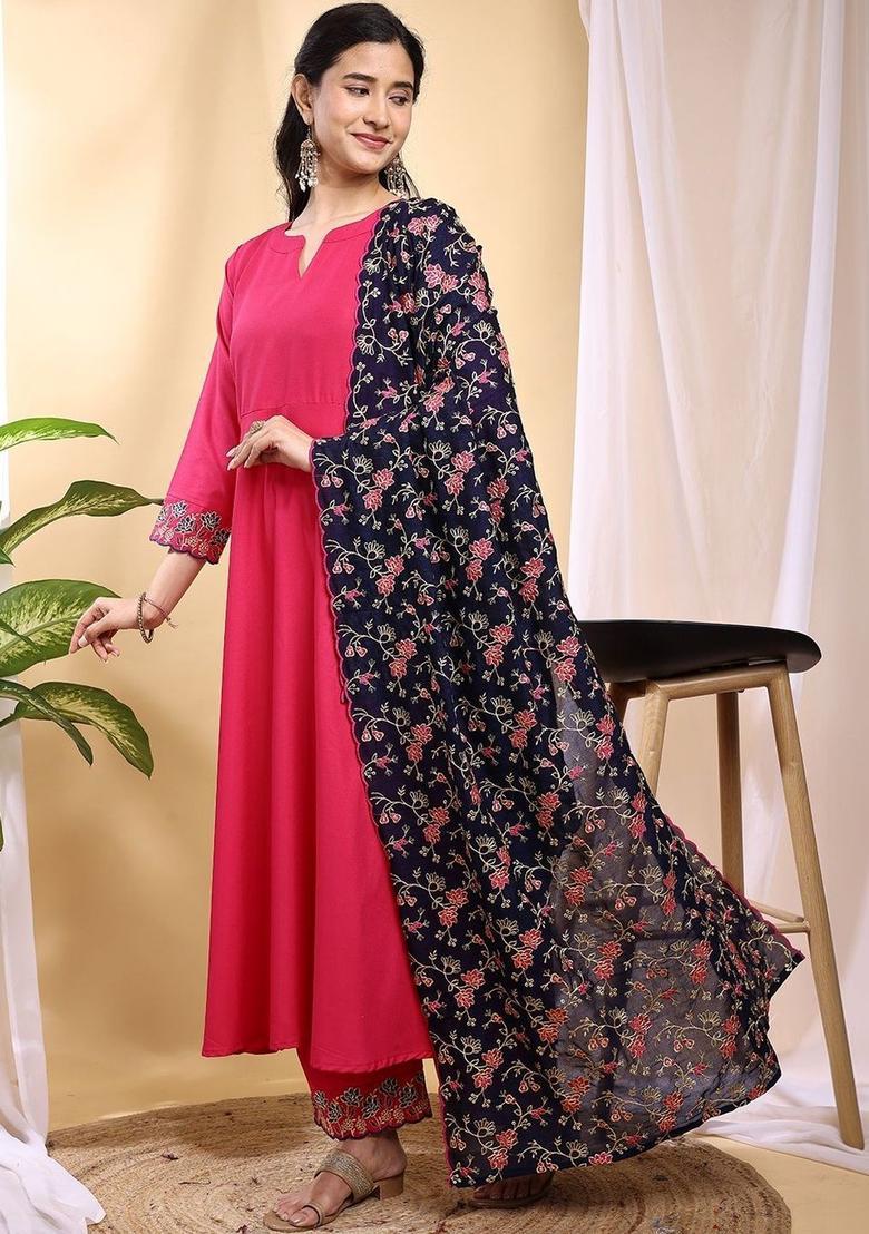 Pink Solid Silk Kurta Set - Indya