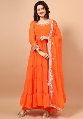 Orange Embroidered Georgette Anarkali Set
