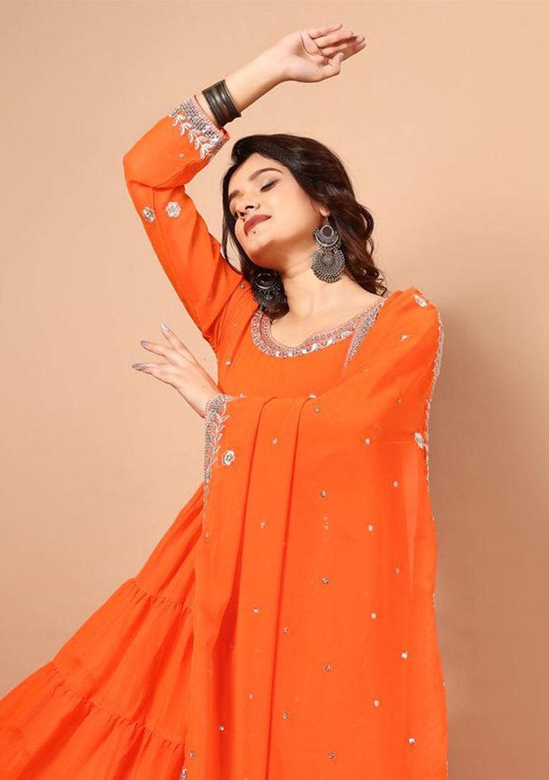 Orange Embroidered Georgette Anarkali Set - Indya