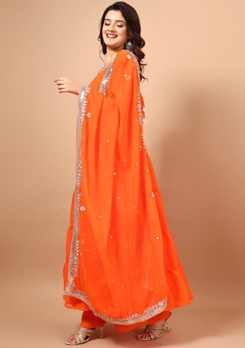 Orange Embroidered Georgette Anarkali Set - Indya
