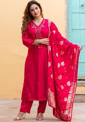 Red Solid Silk Blend Kurta Set
