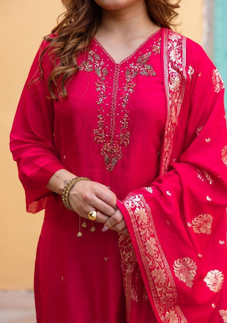 Red Solid Silk Kurta Set - Indya