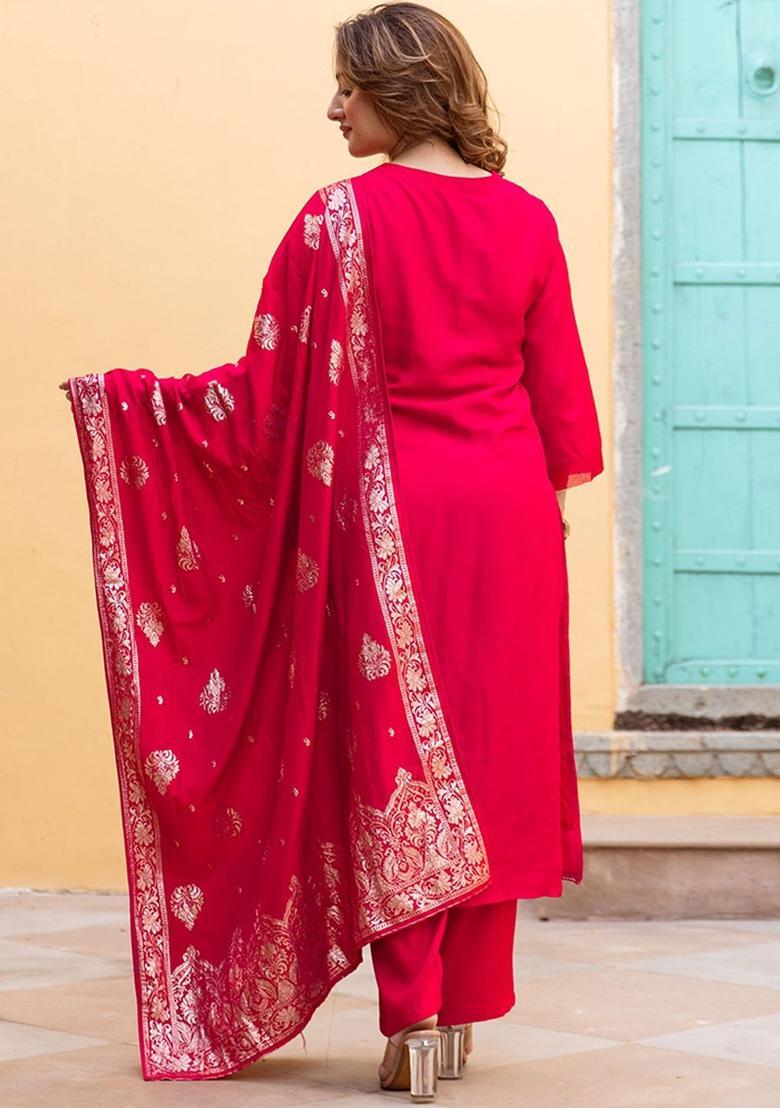 Red Solid Silk Kurta Set - Indya