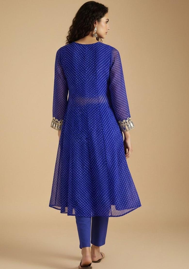 Blue Printed Georgette Kurta Set - Indya