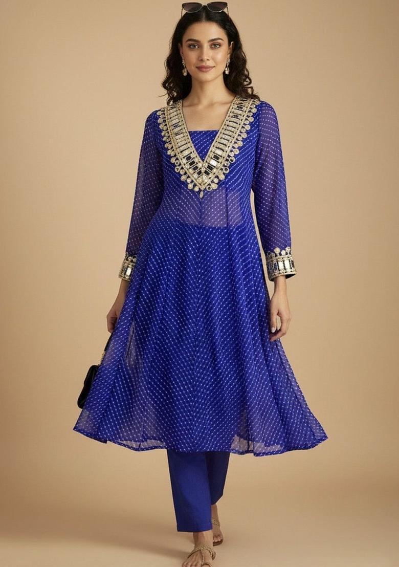 Blue Printed Georgette Kurta Set - Indya