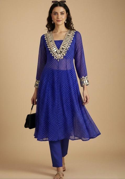 Blue Printed Georgette Kurta Set — view on Indya