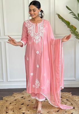Pink Embroidered Cotton Kurta Set