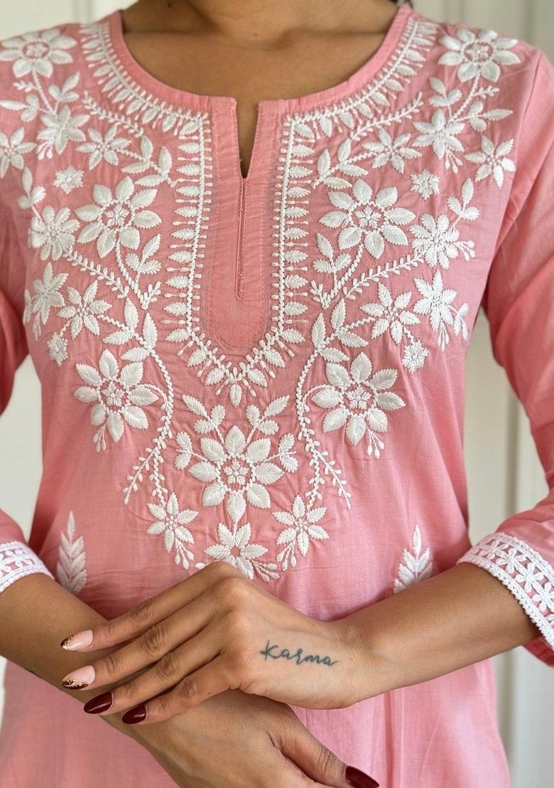 Pink Embroidered Cotton Kurta Set - Indya