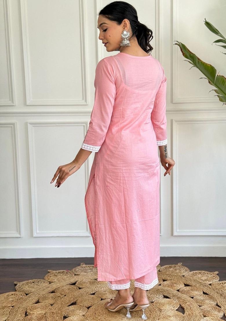 Pink Embroidered Cotton Kurta Set - Indya