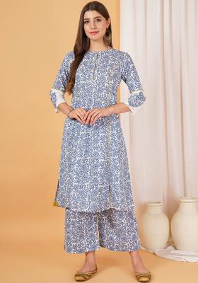 Blue Printed Cotton Kurta Set