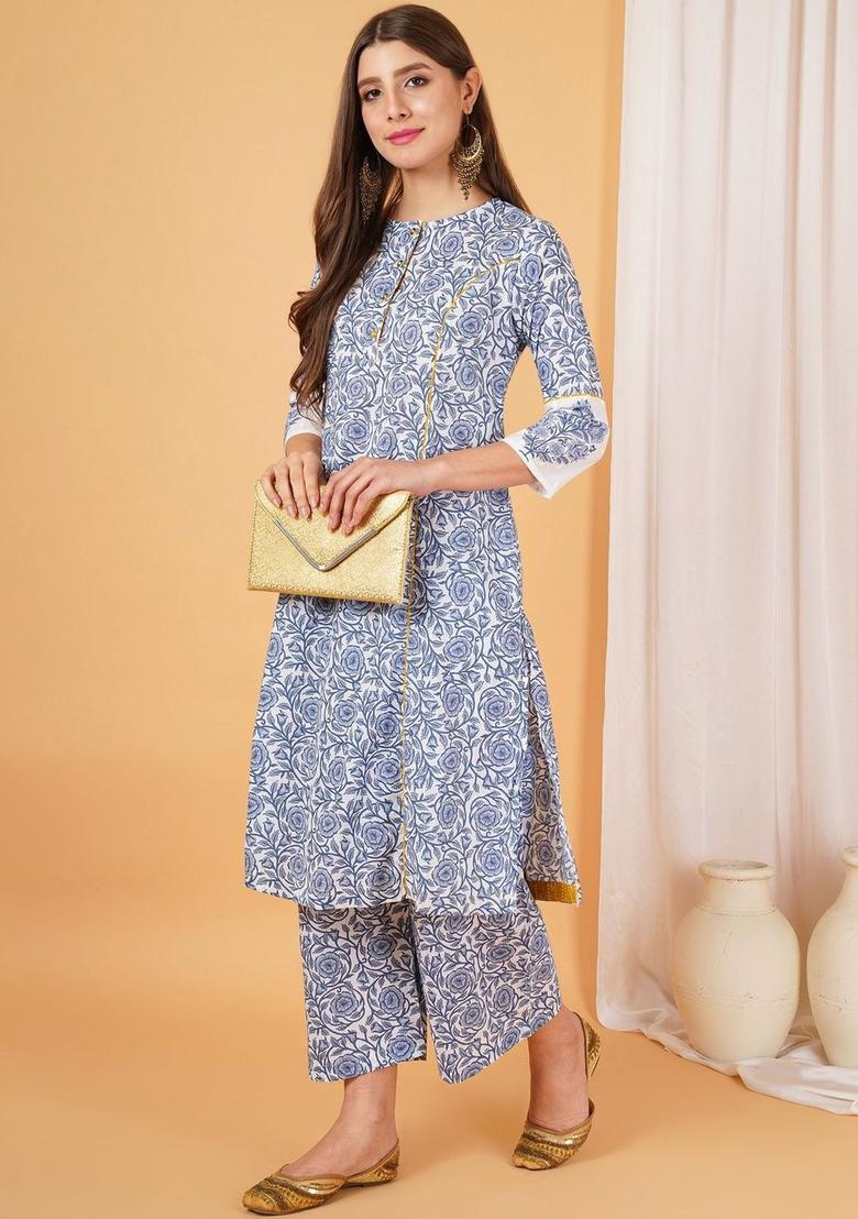 Blue Printed Cotton Kurta Set - Indya