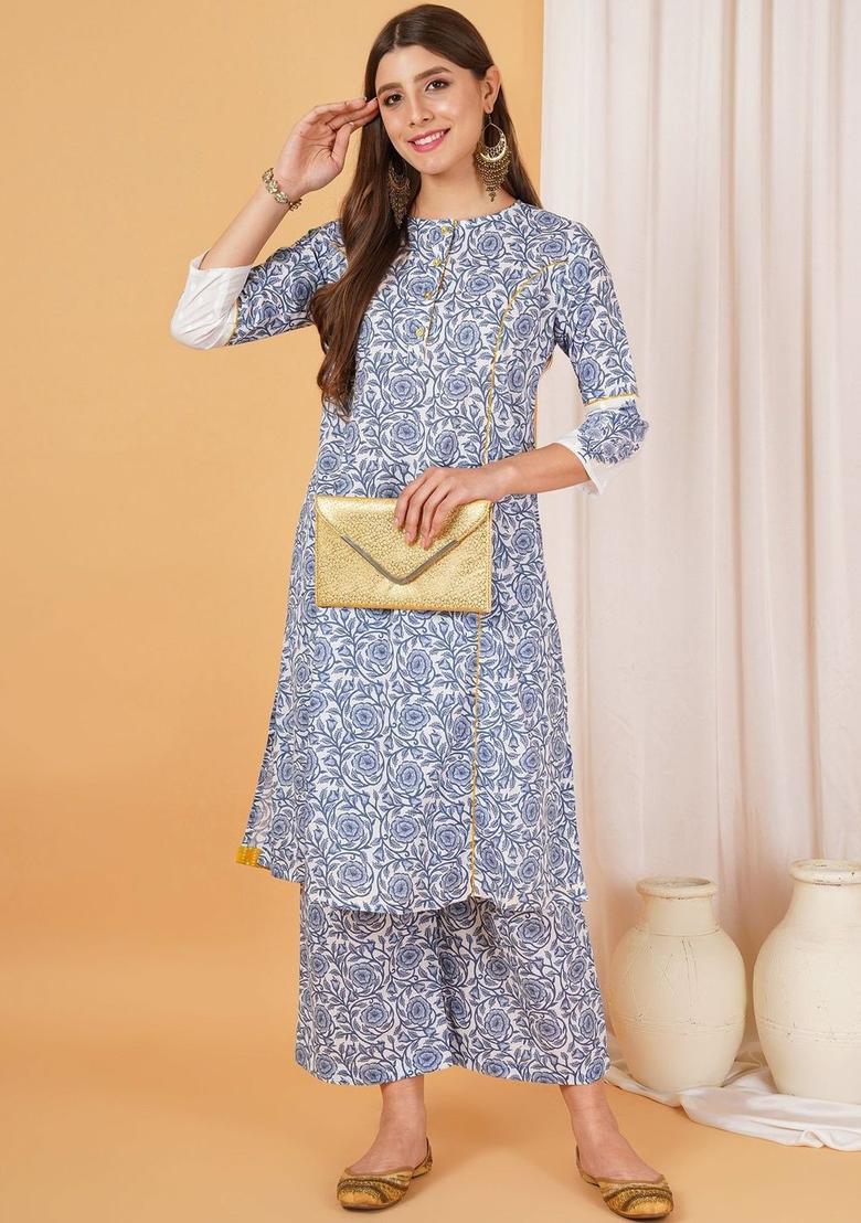 Blue Printed Cotton Kurta Set - Indya