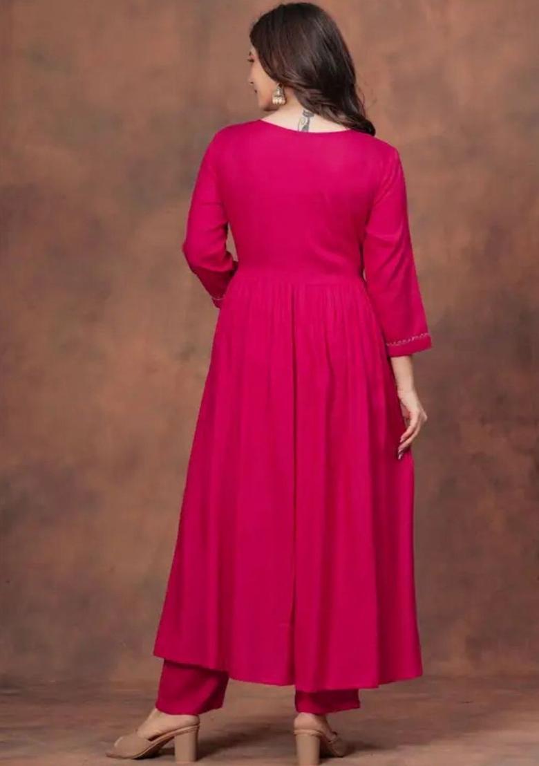 Fuchsia Embroidered Viscose Kurta Set - Indya