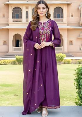 Purple Embroidered Silk Kurta Set