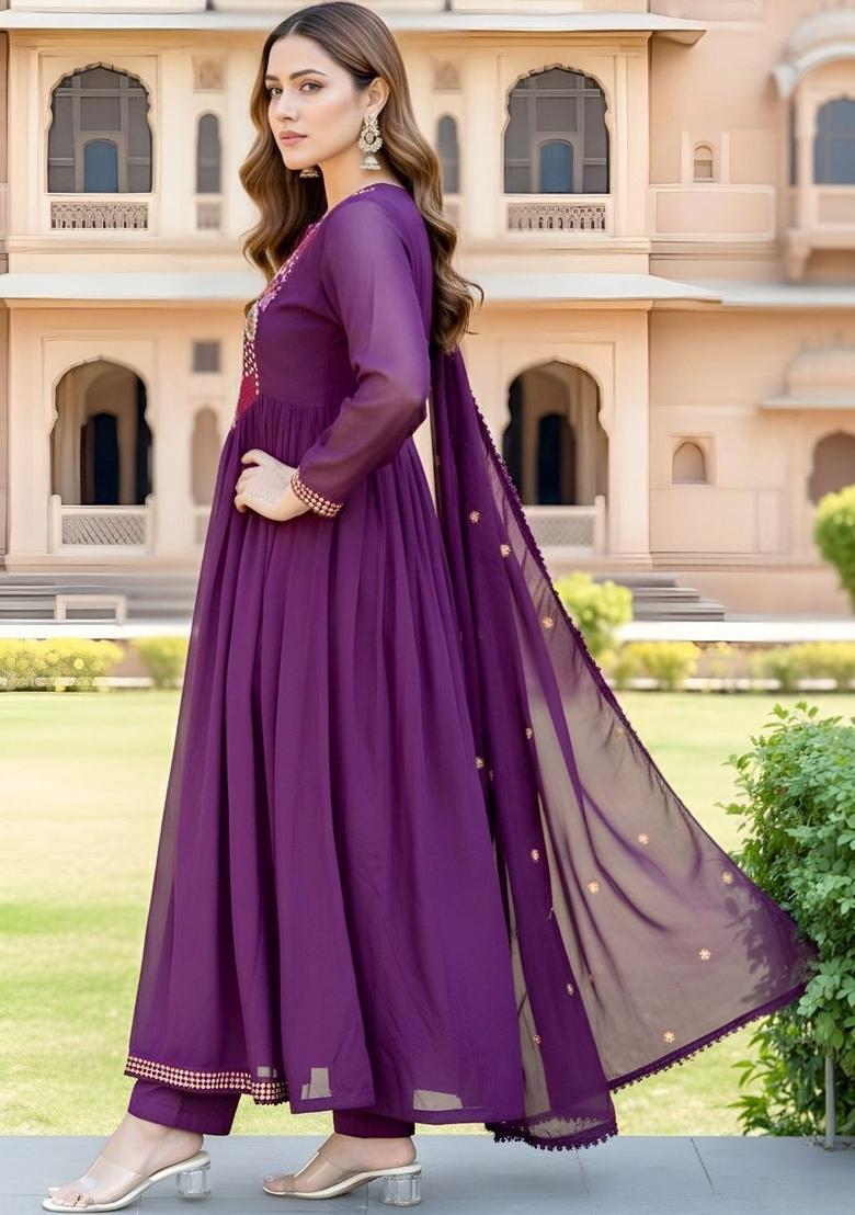 Purple Embroidered Silk Kurta Set - Indya
