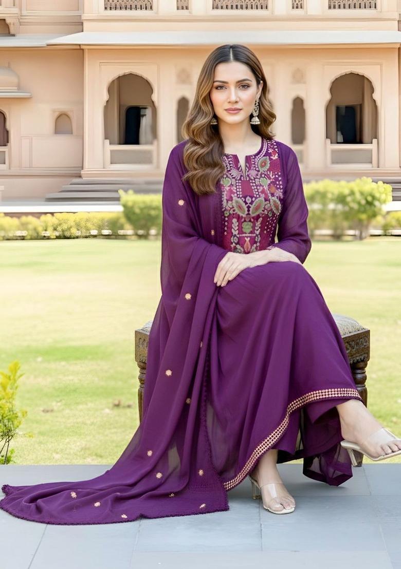 Purple Embroidered Silk Kurta Set - Indya