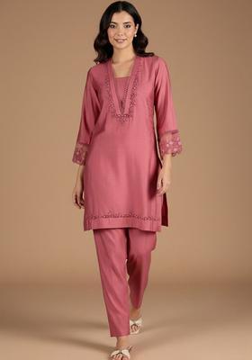 Pink Embroidered Silk Kurta Set