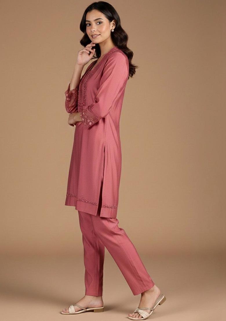 Pink Embroidered Silk Kurta Set - Indya