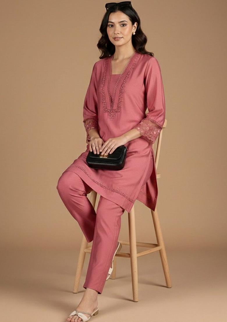 Pink Embroidered Silk Kurta Set - Indya