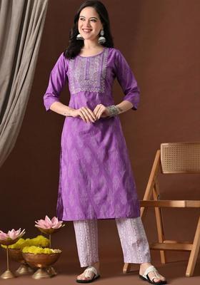 Purple Printed Cotton Kurta Set