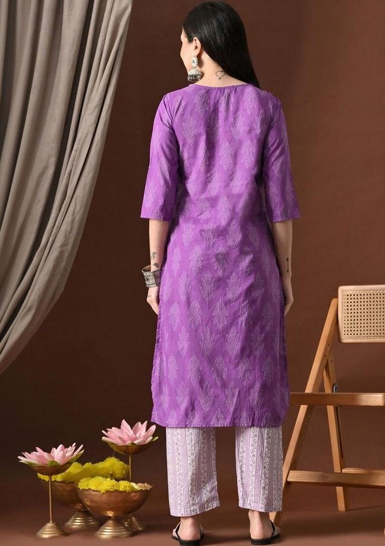 Purple Printed Cotton Kurta Set - Indya