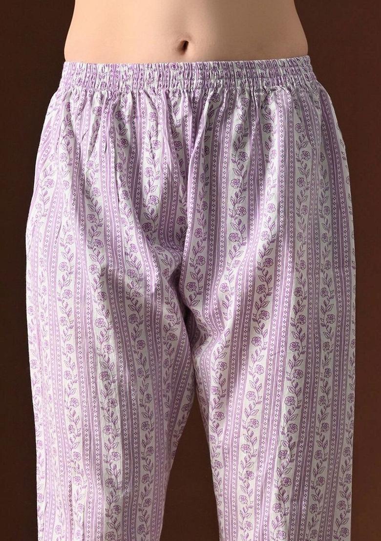 Purple Printed Cotton Kurta Set - Indya