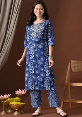 Blue Printed Cotton Kurta Set